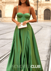 Patricia | A Line Pleated Corset Red Satin Long Bridesmaid Dress Near Me - Price #price_variant_lowest# - Green - PromDressClub